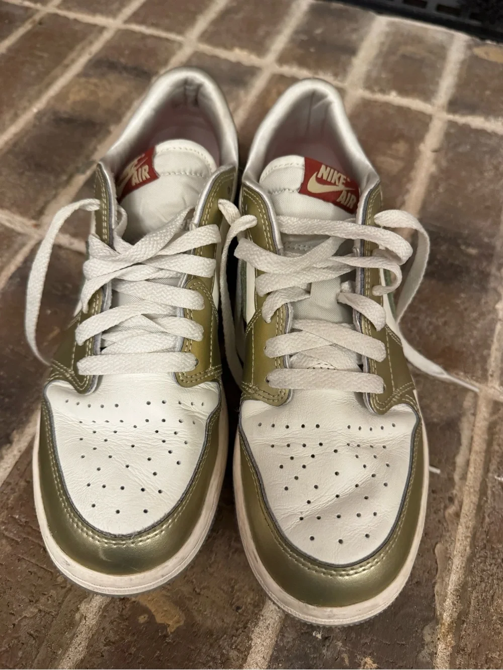 Air Jordan Low-Top Sneakers in White, Metallic Gold & Olive Green